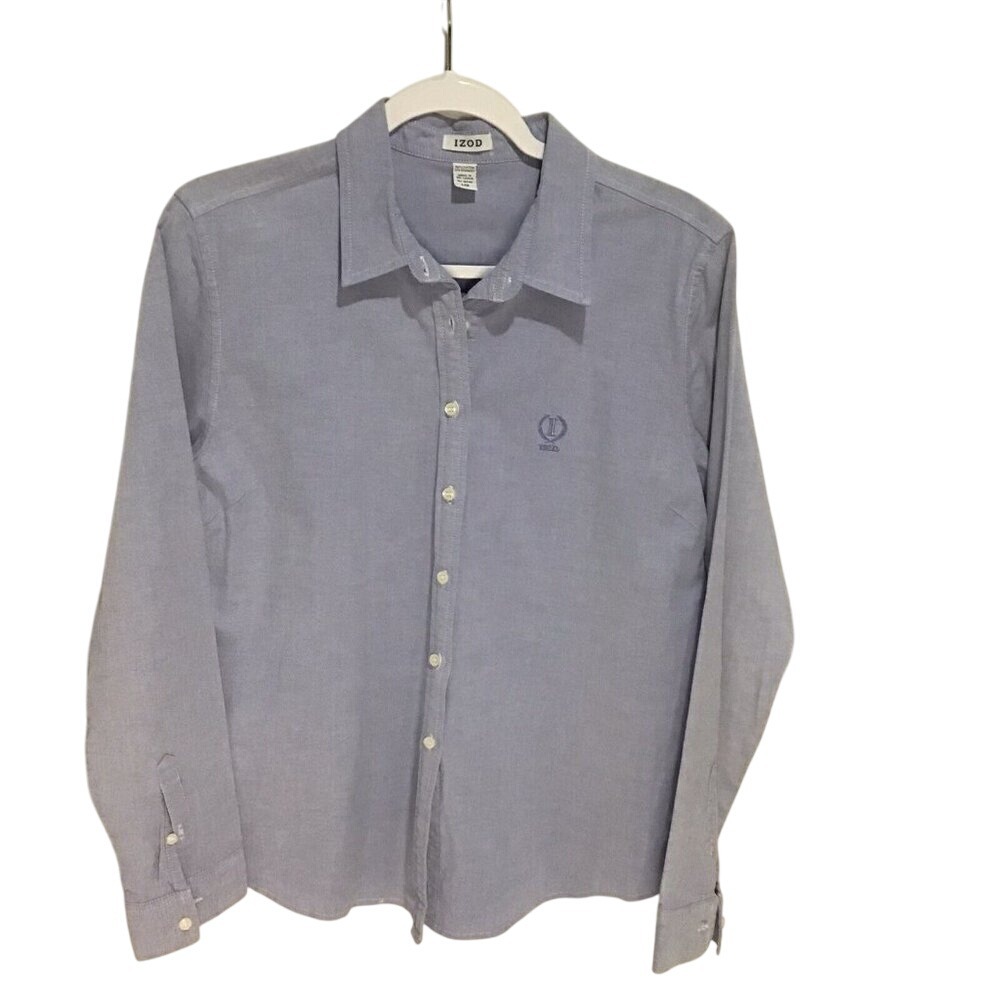 IZOD‎ girls Button Down Shirt Long Sleeve Blue Logo Blouse Top